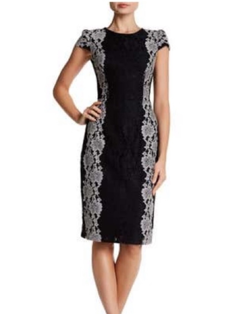 Betsey Johnson Black & White Lace Short Cap Sleeve Sheath Dress Size 6